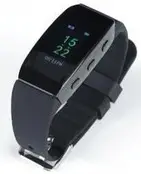 Smartwatch with black band and rectangular metal face showing time 15:22 on the screen