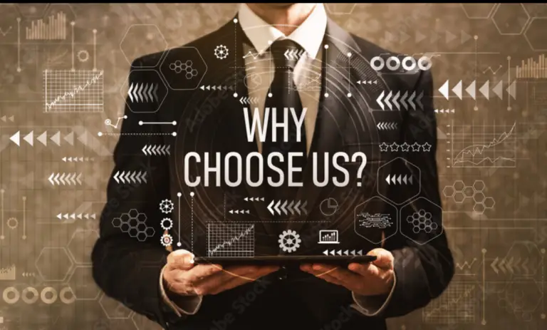Businessman in a suit holding a tablet with 'Why Choose Us?' and surrounding futuristic data graphics.