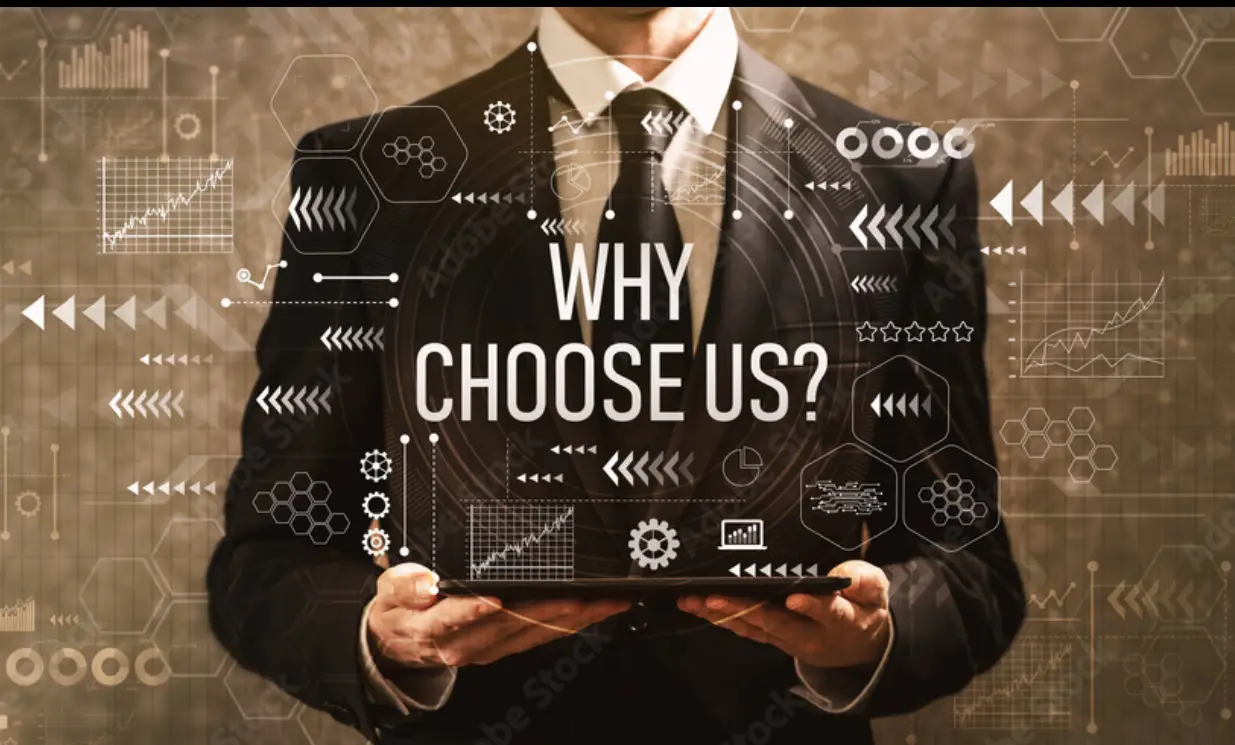 Businessman in a suit holding a tablet with 'Why Choose Us?' and surrounding futuristic data graphics.
