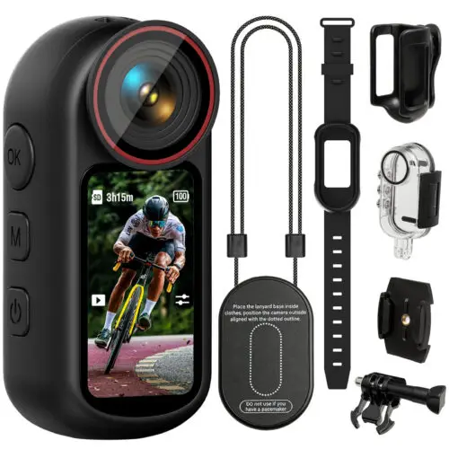 Sports action camera bundle with waterproof housing, mounting straps and clips for bike/helmet use, plus protective case and accessories.