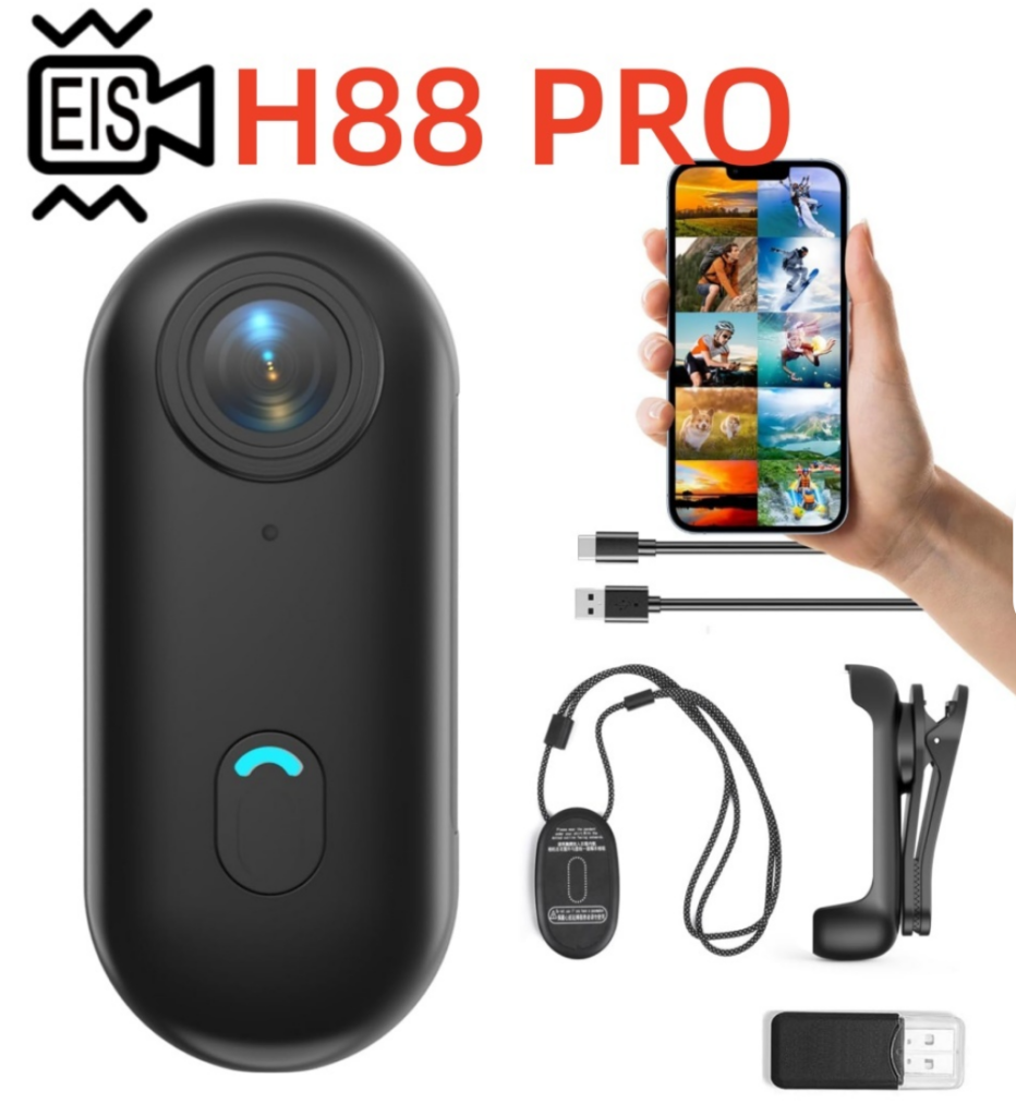 Product image of H88 Pro action camera with accessories: phone displaying photos, USB-C charging cable, wrist/arm mount, chest strap, and USB dongle.